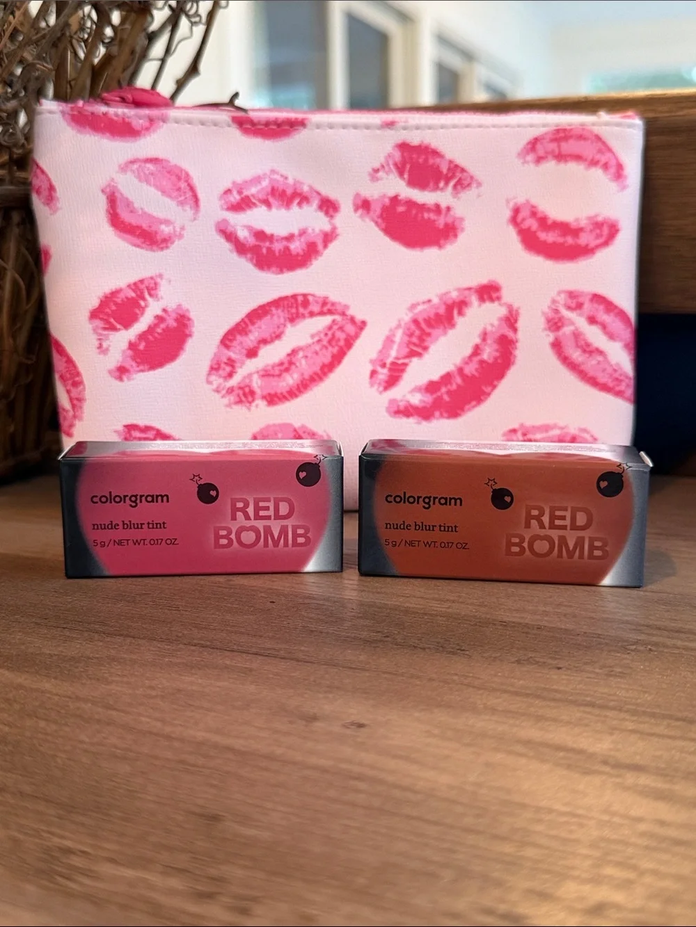 Red Bomb Lip Tint Set with Pink Kiss Cosmetic Bag